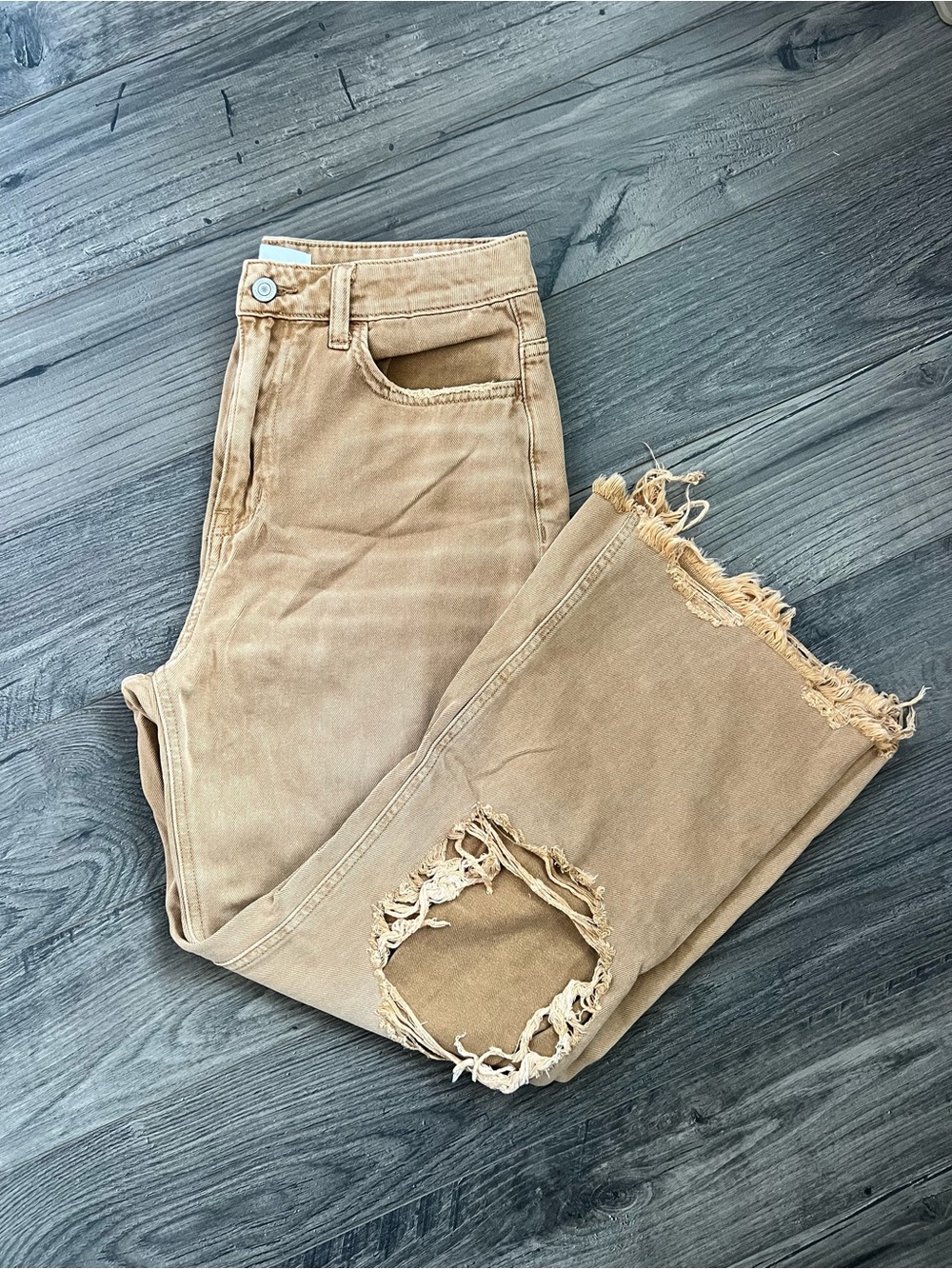 VERVET BY FLYING MONKEY Women's Flared Jeans in Tan with Distressed Hem